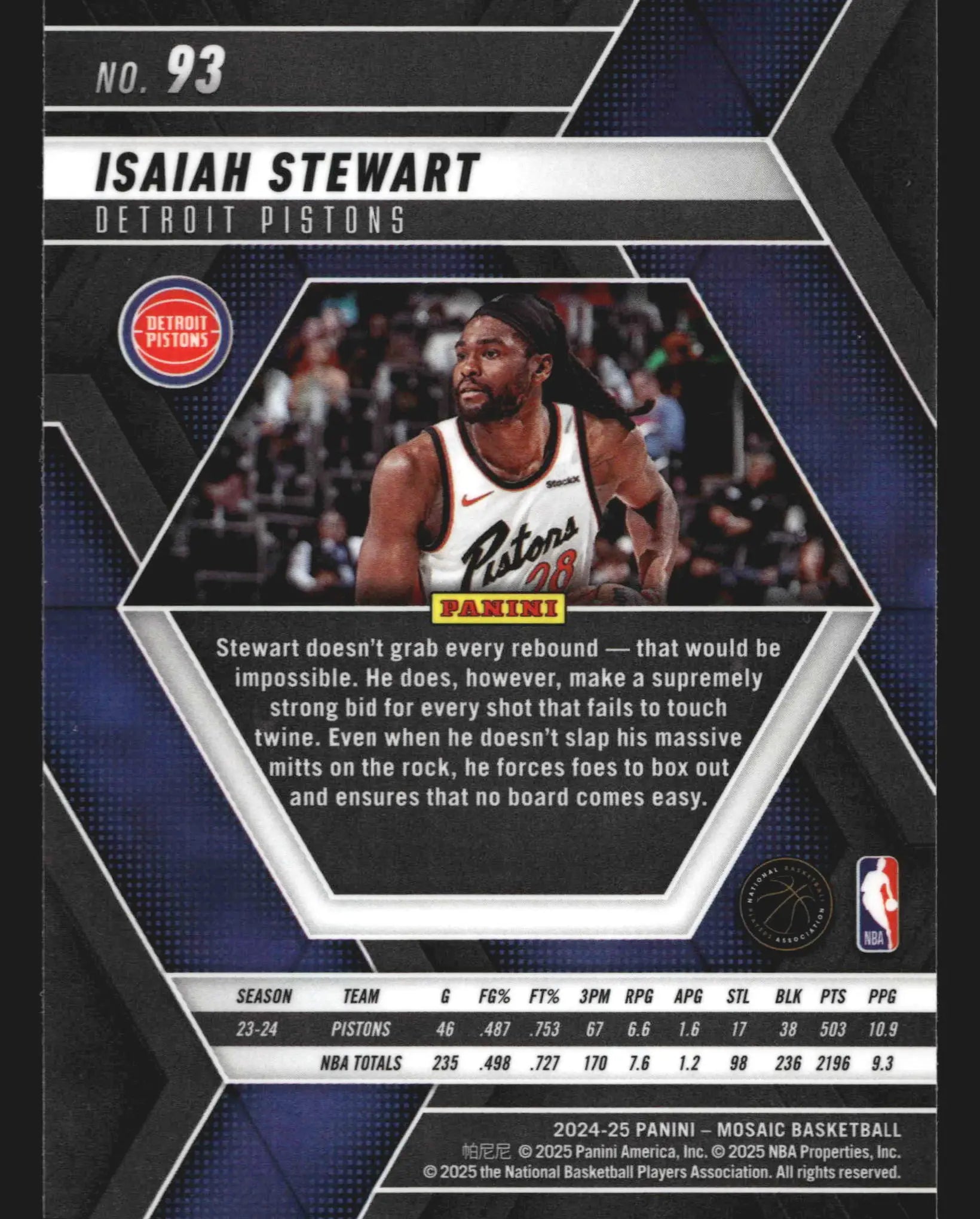 2024-25 Panini Mosaic Isaiah Stewart #93 Detroit Pistons