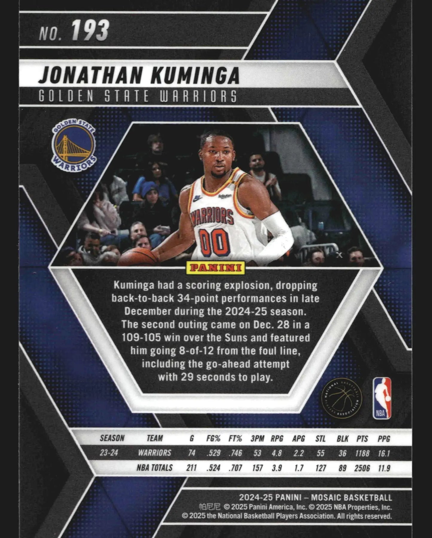 2024-25 Panini Mosaic Jonathan Kuminga #193 Golden State Warriors - Basketball Card Single
