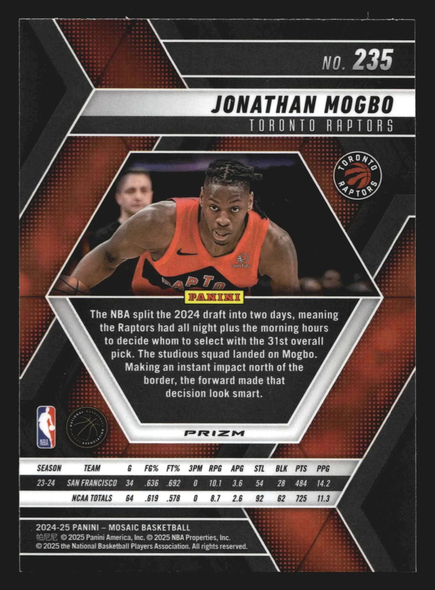 2024-25 Panini Mosaic Jonathan Mogbo #235 Mosaic Parallel RC Raptors - Basketball Card Single