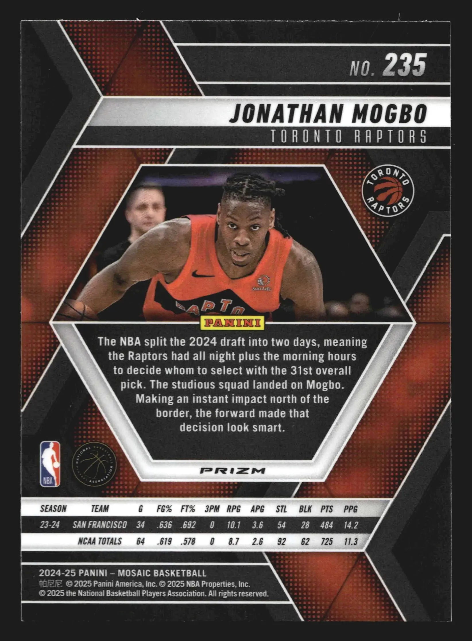 2024-25 Panini Mosaic Jonathan Mogbo #235 Mosaic Parallel RC Raptors - Basketball Card Single