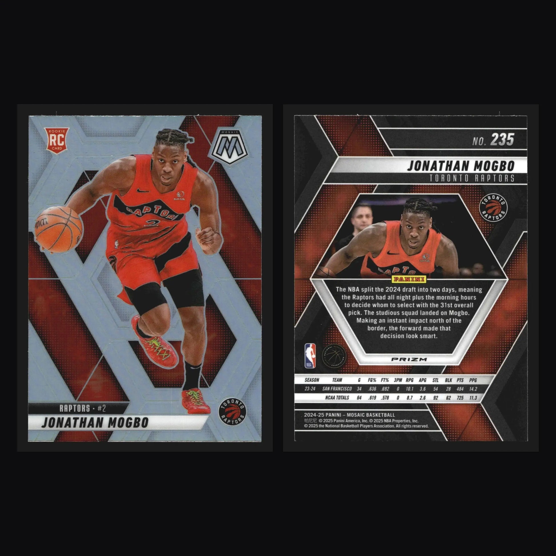 2024-25 Panini Mosaic Jonathan Mogbo #235 Mosaic Parallel RC Raptors - Basketball Card Single