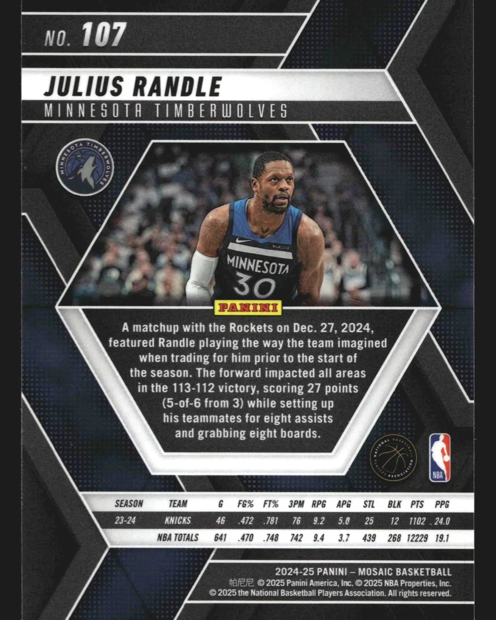 2024-25 Panini Mosaic Julius Randle #107 Minnesota Timberwolves - Basketball Card Single