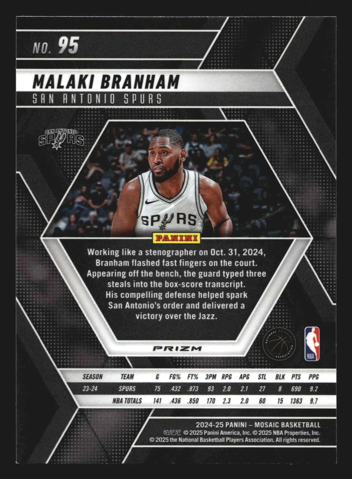 2024-25 Panini Mosaic Malaki Branham #95 Fast Break Mosaic Prizm Spurs - Basketball Card Single
