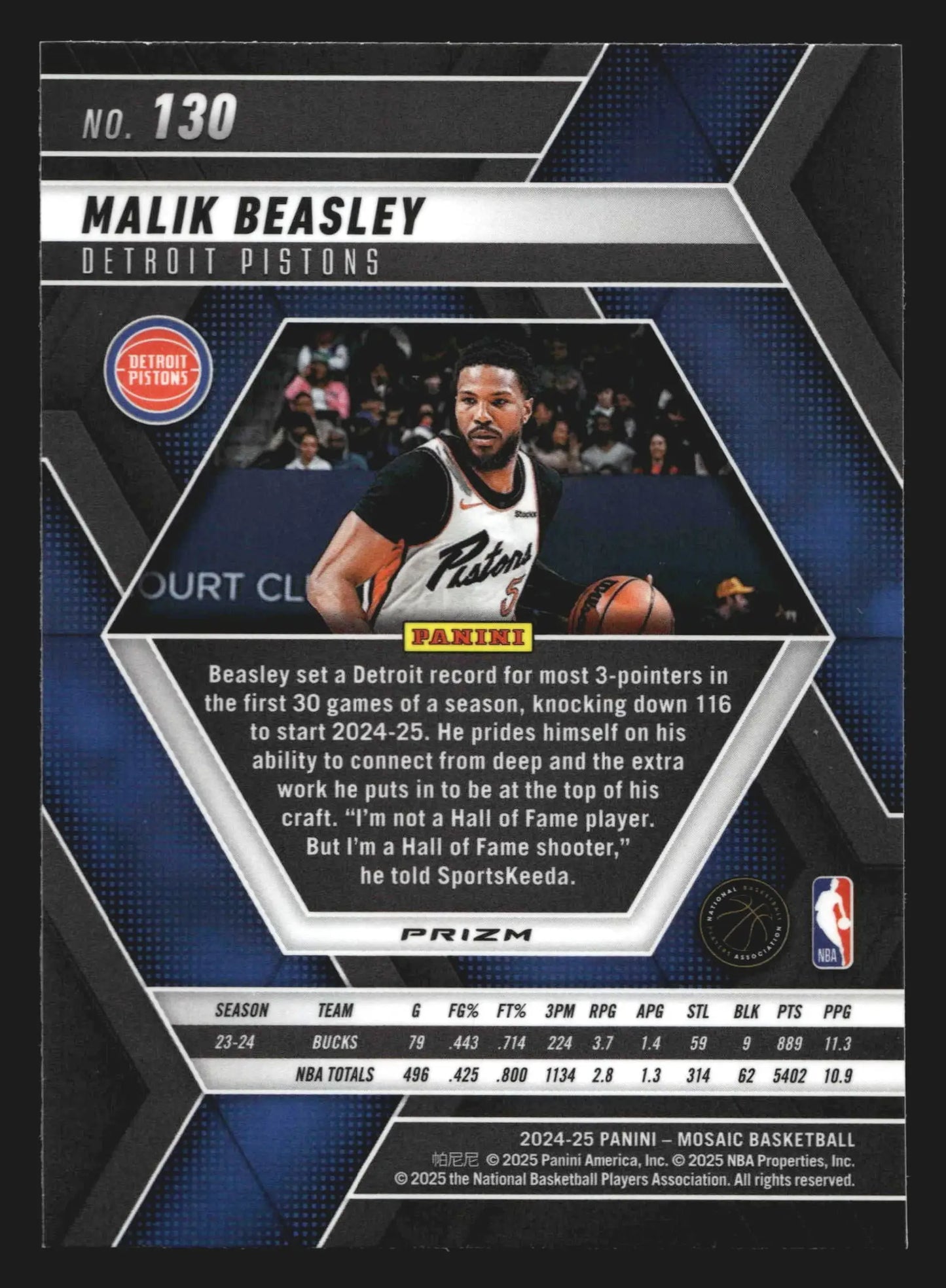 2024-25 Panini Mosaic Malik Beasley #130 Green Mosaic Prizm Detroit Pistons
