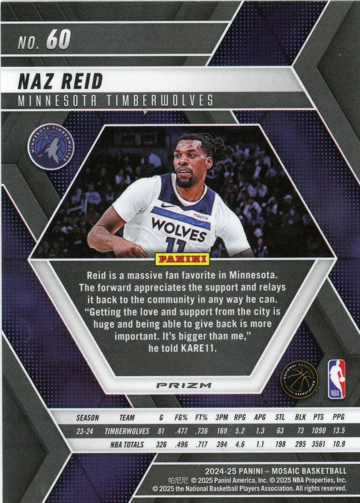 2024-25 Panini Mosaic Naz Reid #60 Premium Prizm Timberwolves - Basketball Card Single