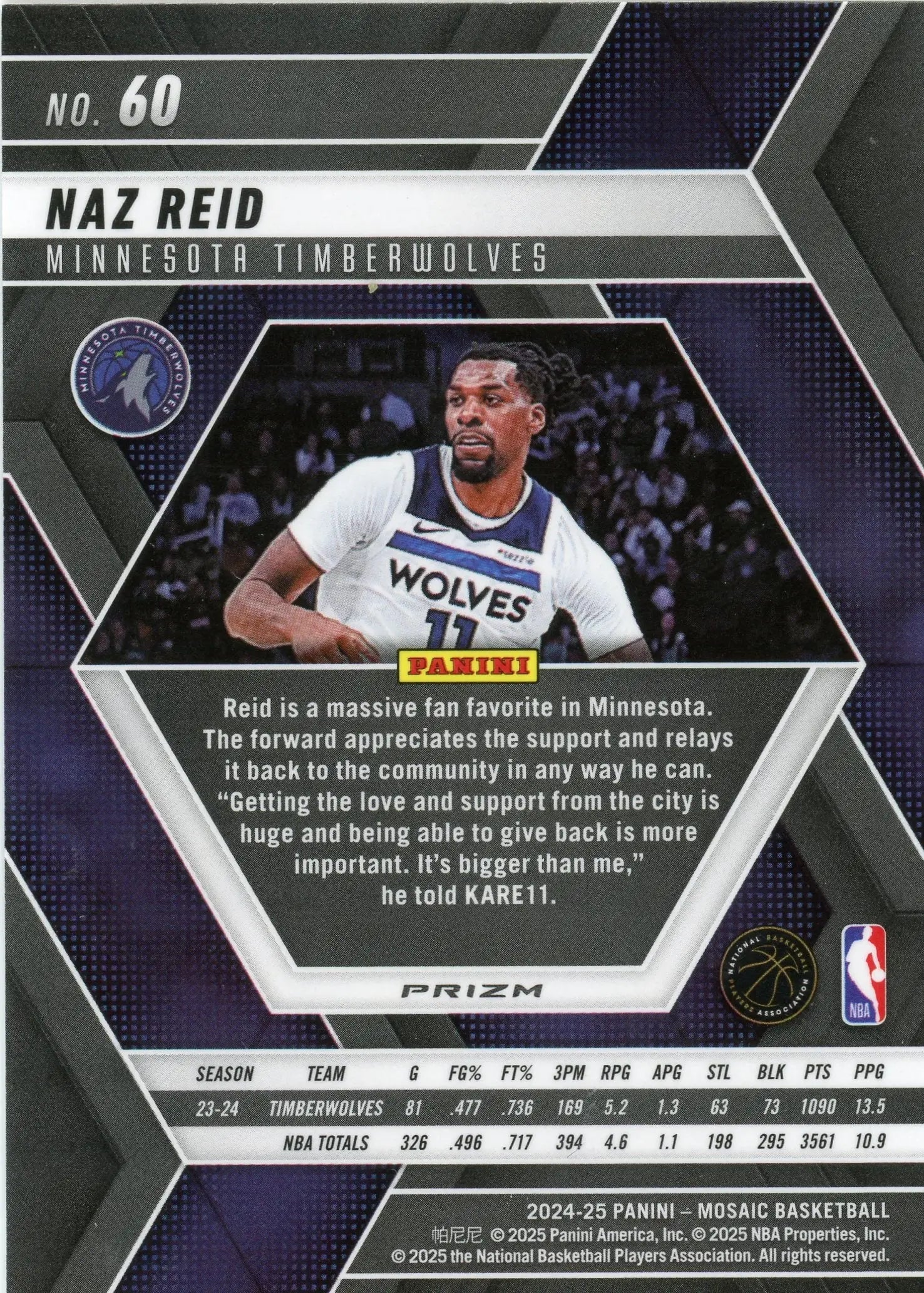 2024-25 Panini Mosaic Naz Reid #60 Premium Prizm Timberwolves - Basketball Card Single