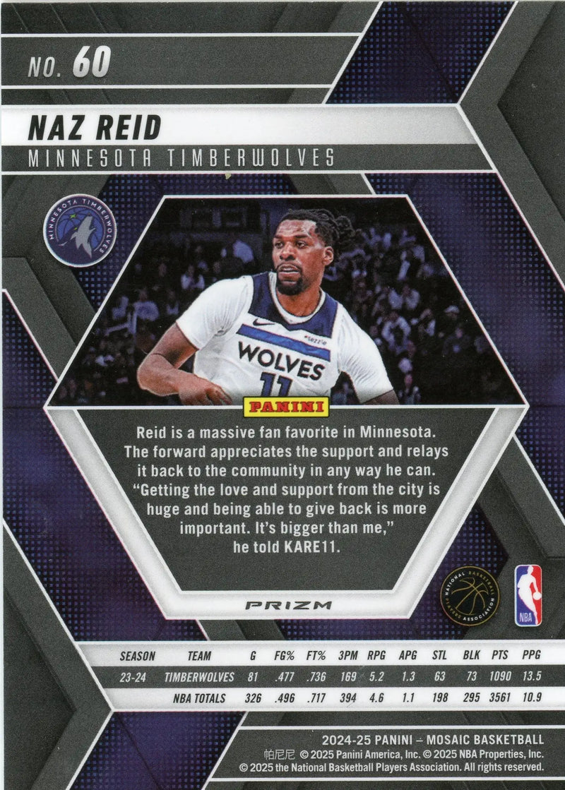 2024-25 Panini Mosaic Naz Reid #60 Premium Prizm Timberwolves - Basketball Card Single