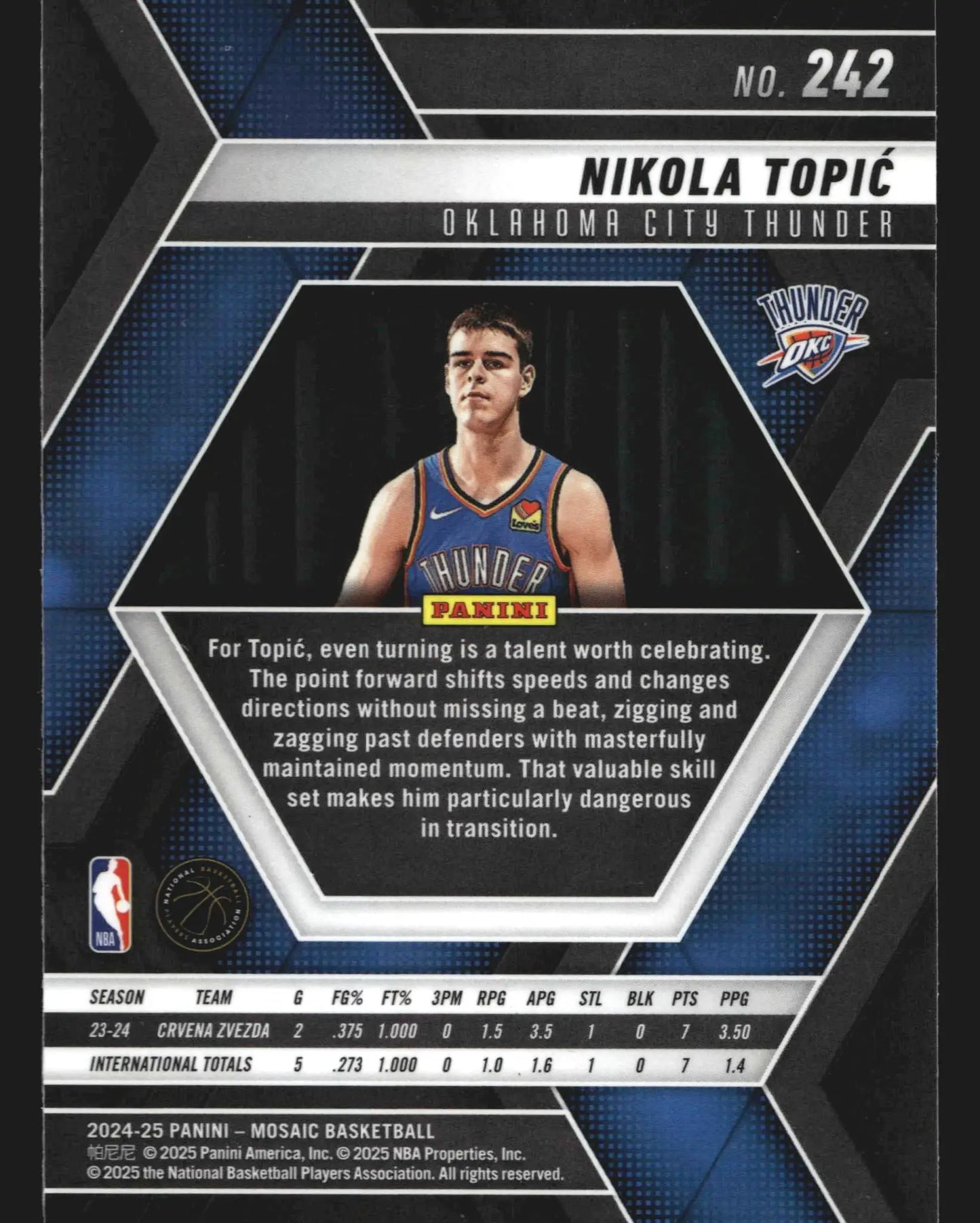 2024-25 Panini Mosaic Nikola Topic #242 Thunder RC - Basketball Card Single