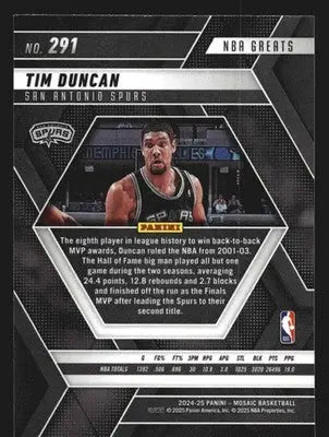 2024-25 Panini Mosaic Tim Duncan #291 NBA Greats Spurs HOF - Basketball Card Single