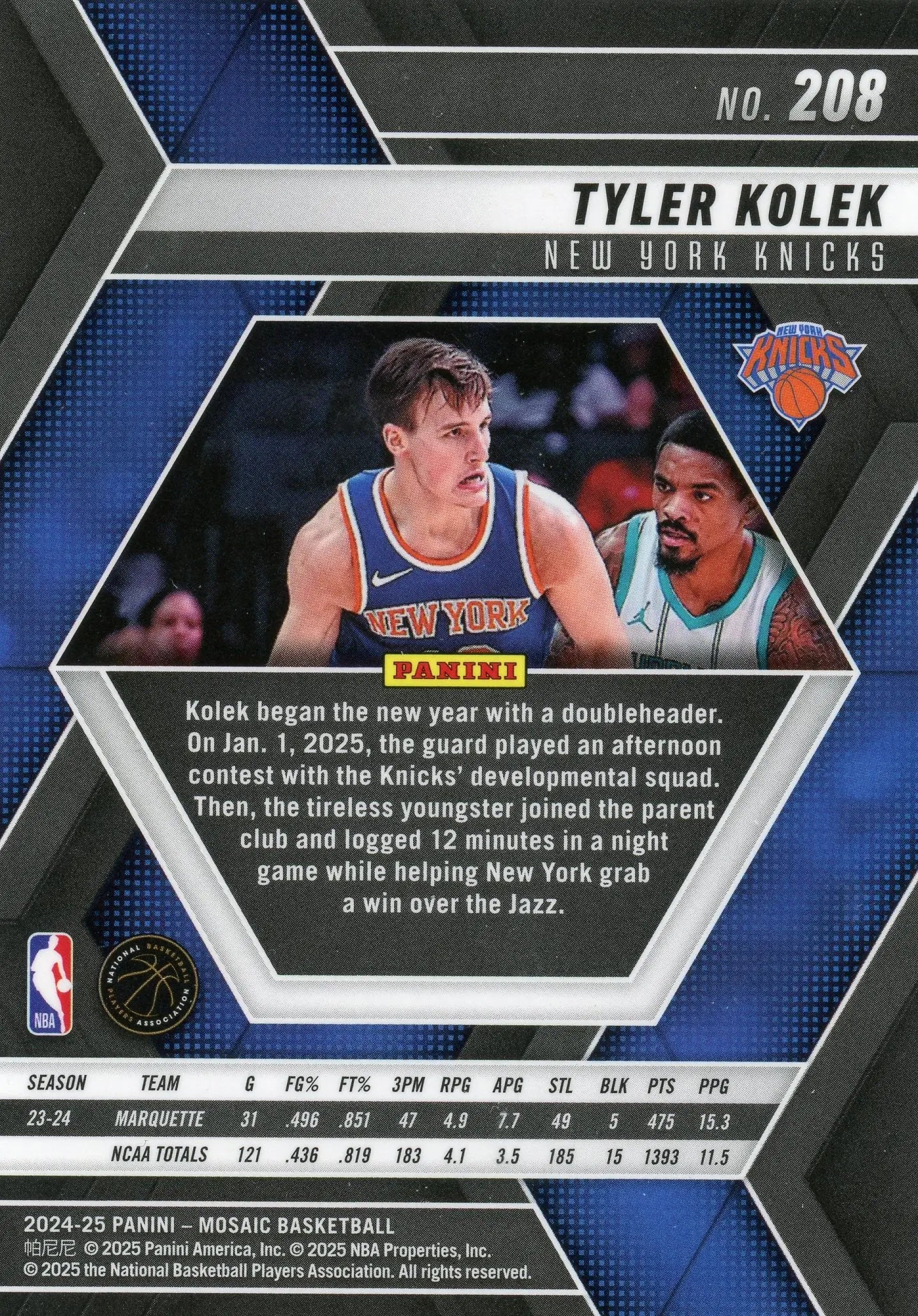 2024-25 Panini Mosaic Tyler Kolek #208 New York Knicks RC - Basketball Card Single