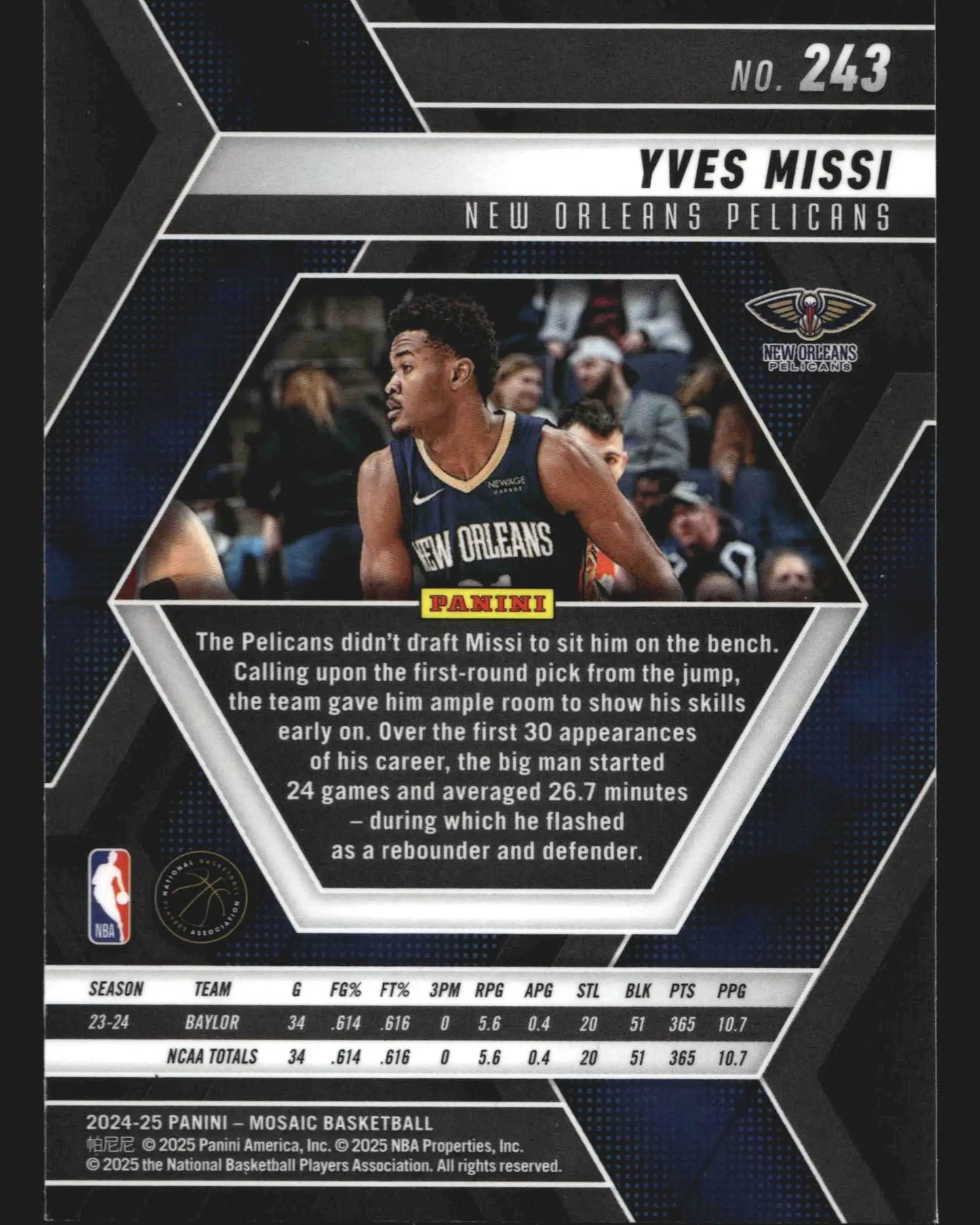 2024-25 Panini Mosaic Yves Missi #243 RC New Orleans Pelicans Rookie