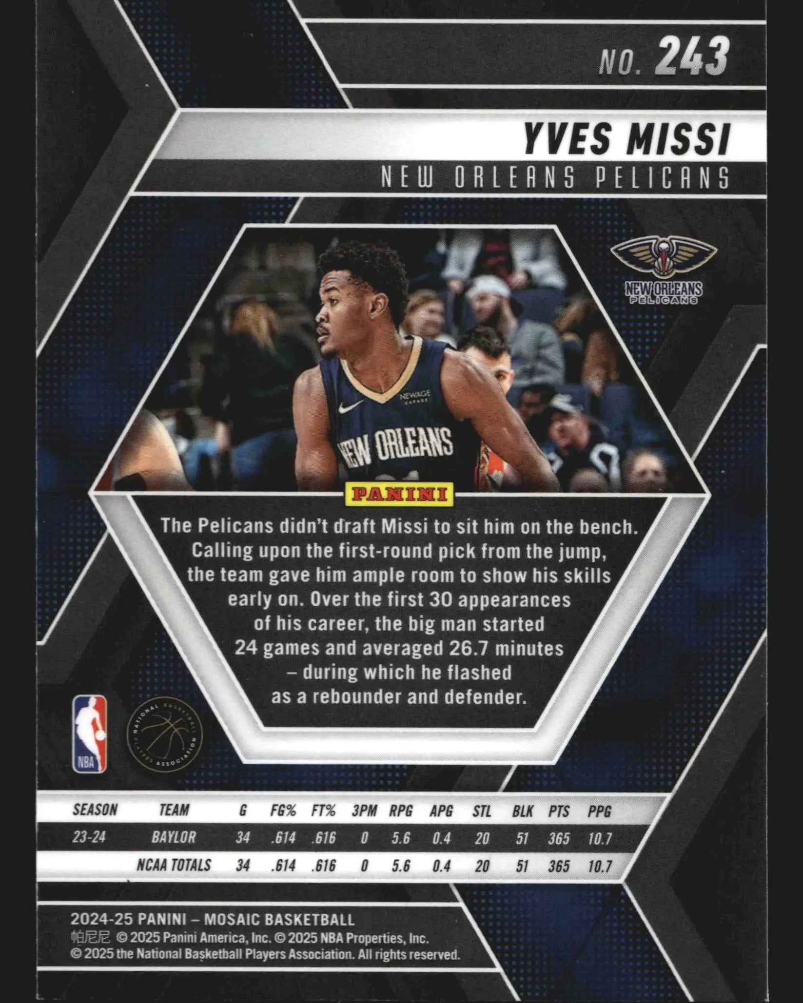 2024-25 Panini Mosaic Yves Missi #243 RC New Orleans Pelicans Rookie