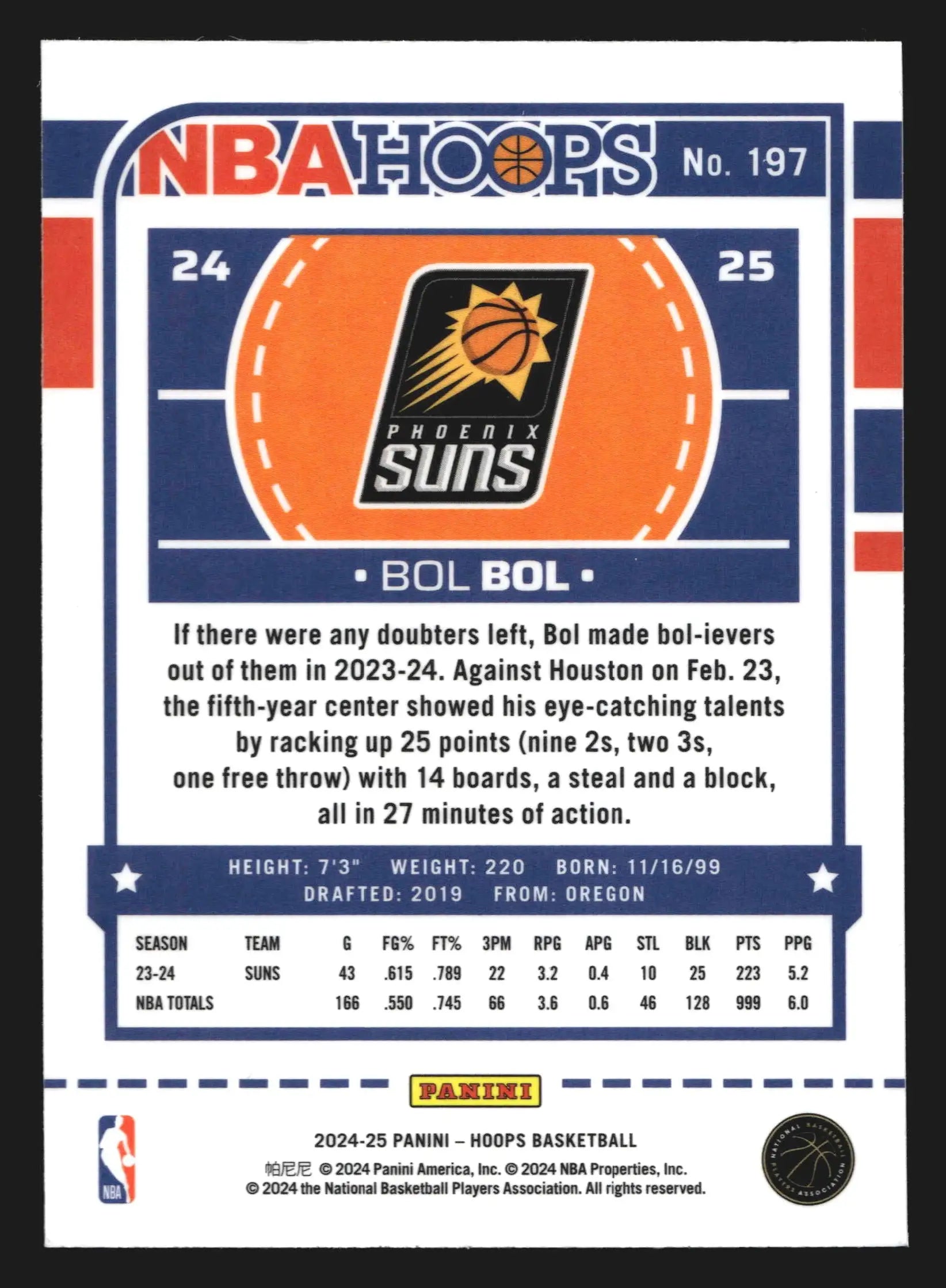 2024-25 Panini NBA Hoops Bol Bol #197 Premium Stock Phoenix Suns - Basketball Card Single