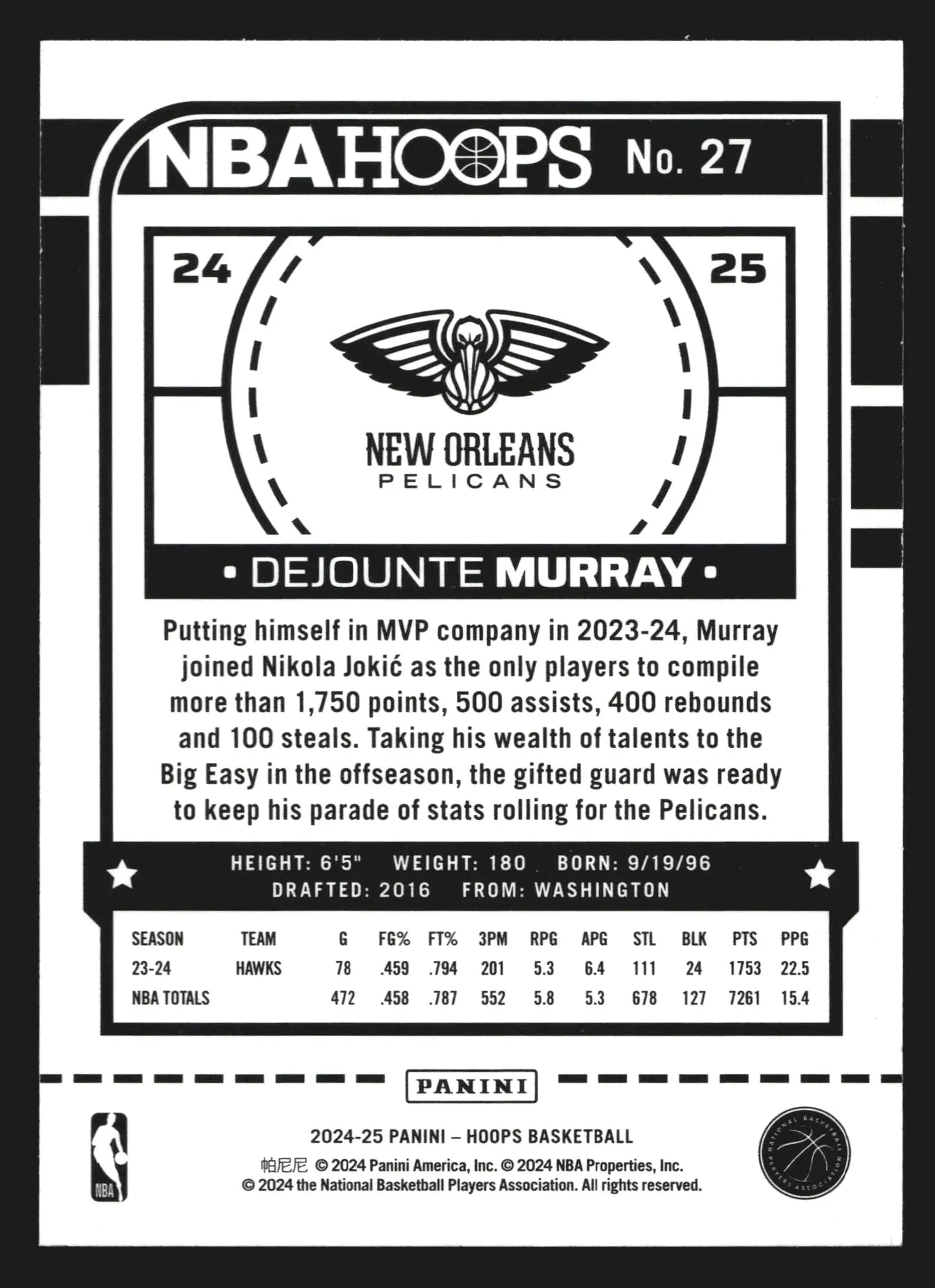 2024-25 Panini NBA Hoops Dejounte Murray #27 New Orleans Pelicans