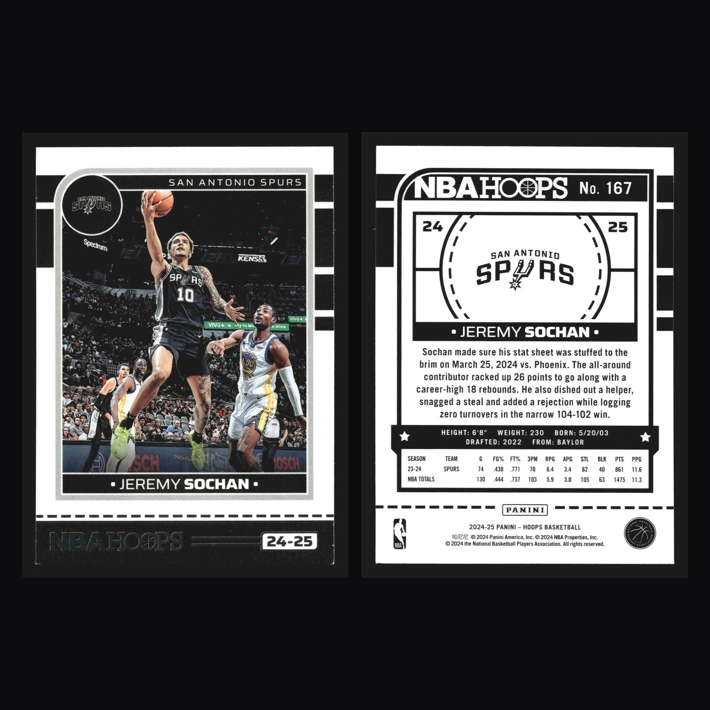2024-25 Panini NBA Hoops Jeremy Sochan #167 San Antonio Spurs - Basketball Card Single
