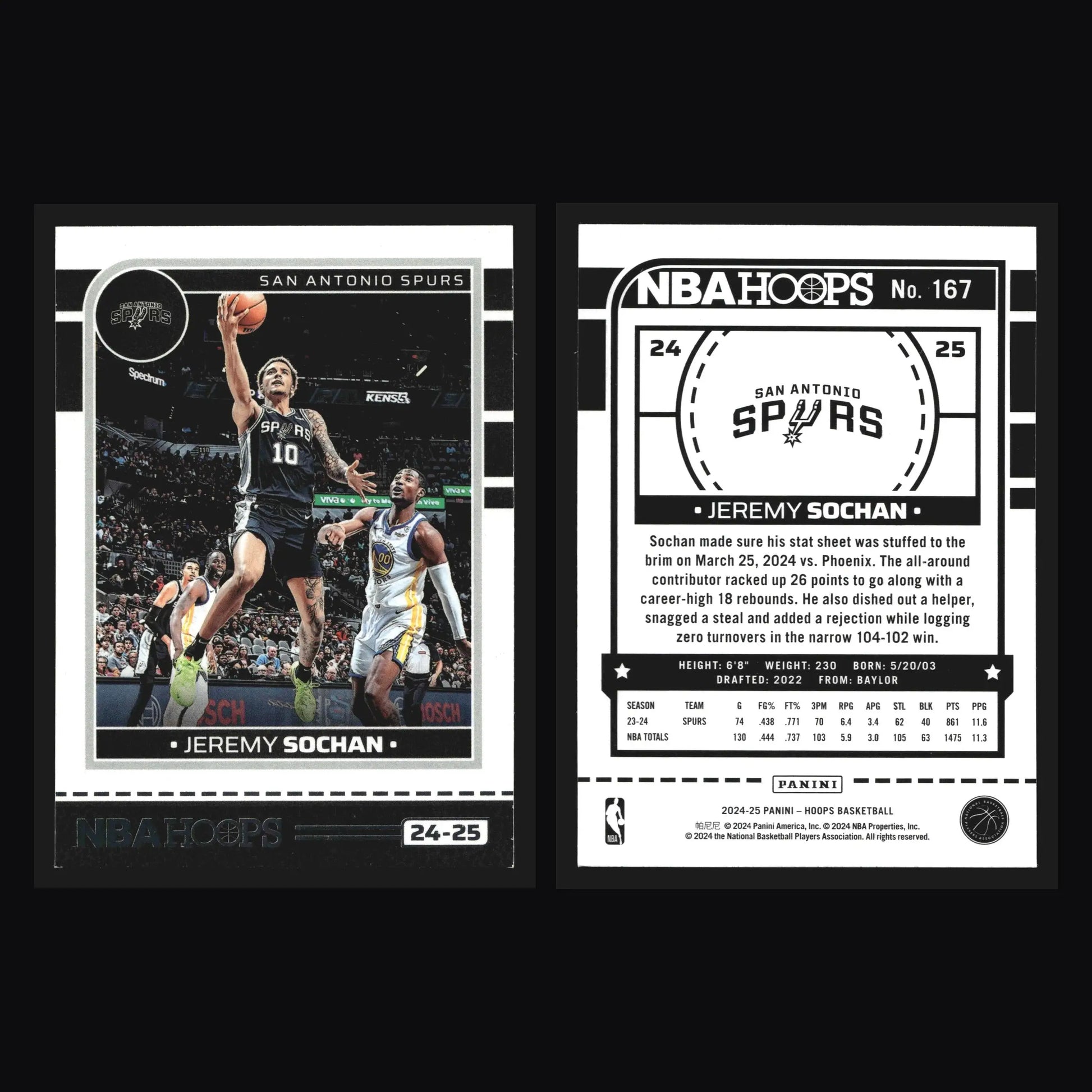 2024-25 Panini NBA Hoops Jeremy Sochan #167 San Antonio Spurs - Basketball Card Single
