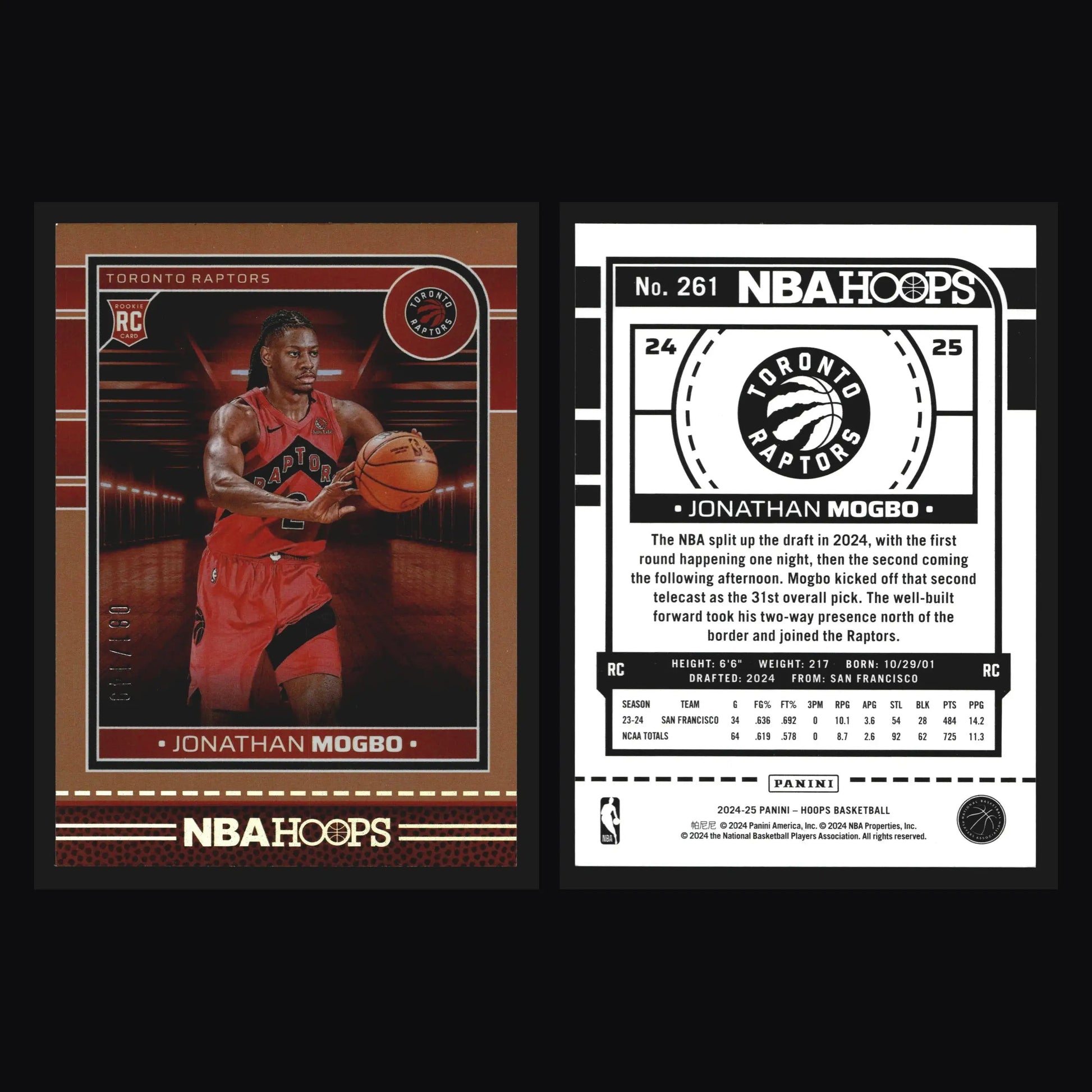 2024-25 Panini NBA Hoops Jonathan Mogbo #261 Orange 081/149 RC Raptors - Basketball Card Single