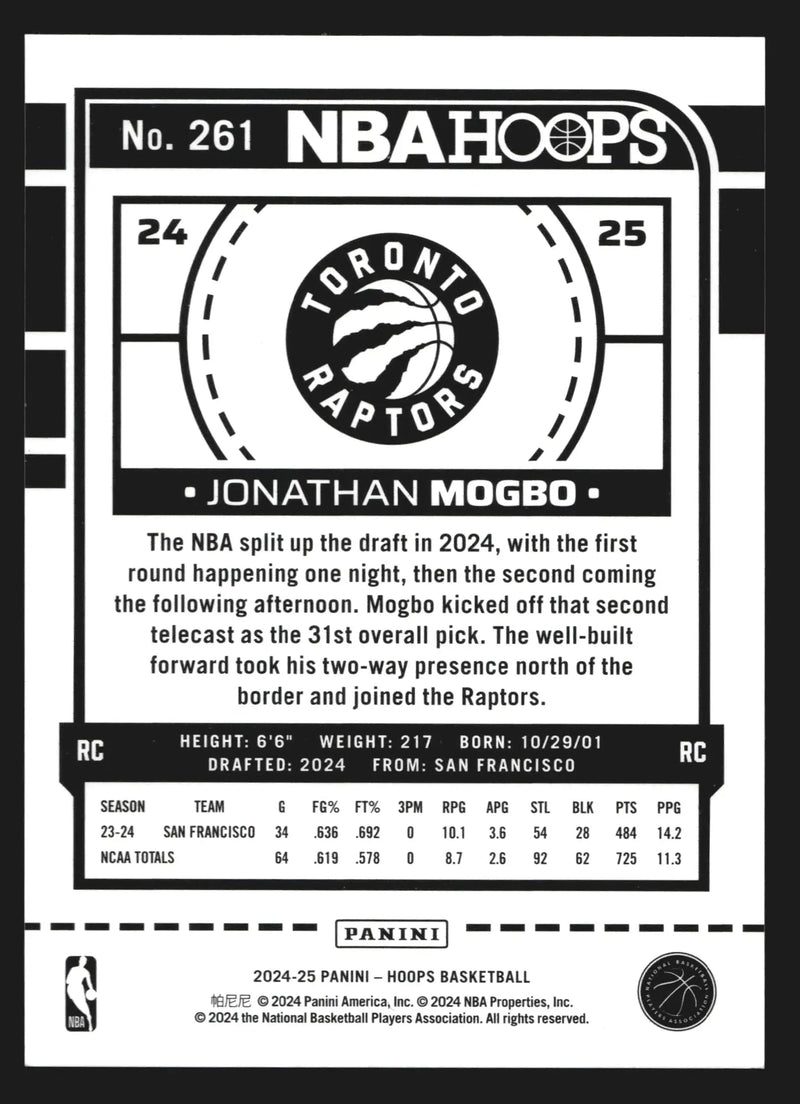 2024-25 Panini NBA Hoops Jonathan Mogbo #261 Orange 081/149 RC Raptors - Basketball Card Single