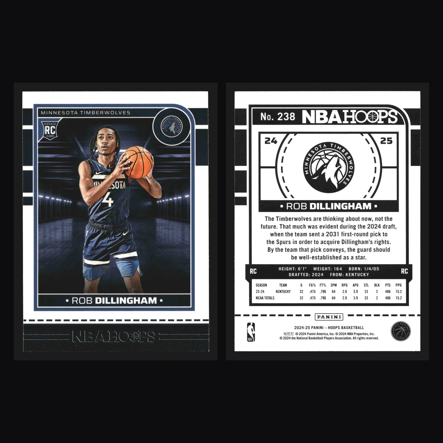 2024-25 Panini NBA Hoops Rob Dillingham #238 RC Timberwolves - Basketball Card Single