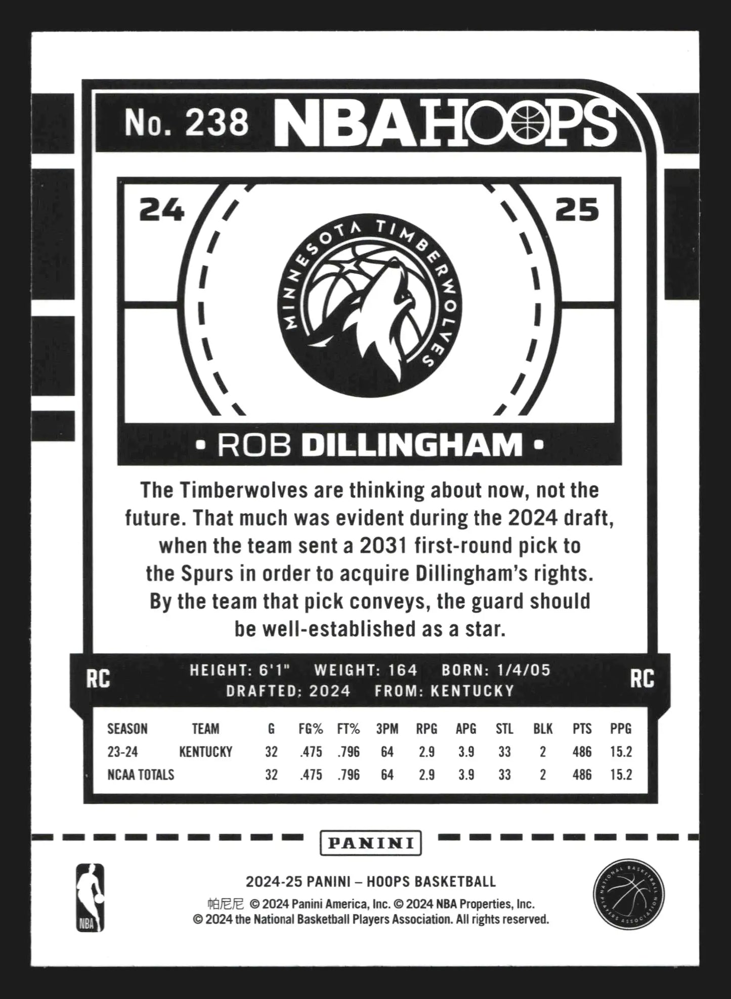 2024-25 Panini NBA Hoops Rob Dillingham #238 RC Timberwolves - Basketball Card Single
