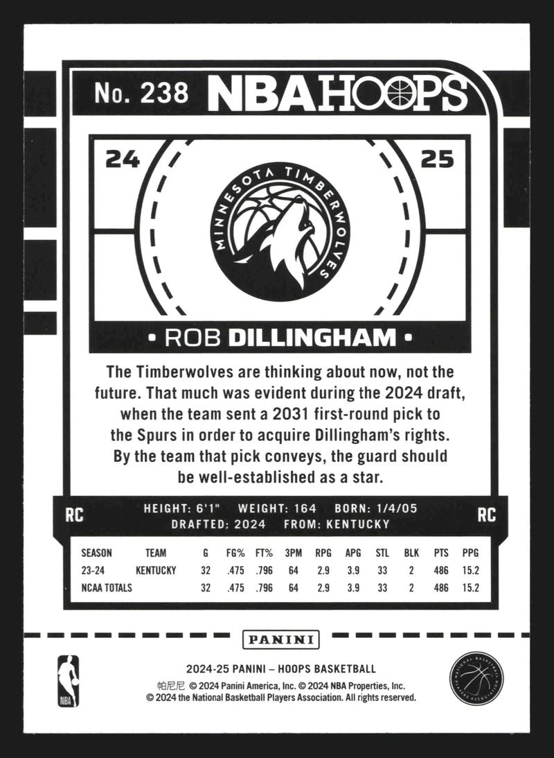 2024-25 Panini NBA Hoops Rob Dillingham #238 RC Timberwolves - Basketball Card Single