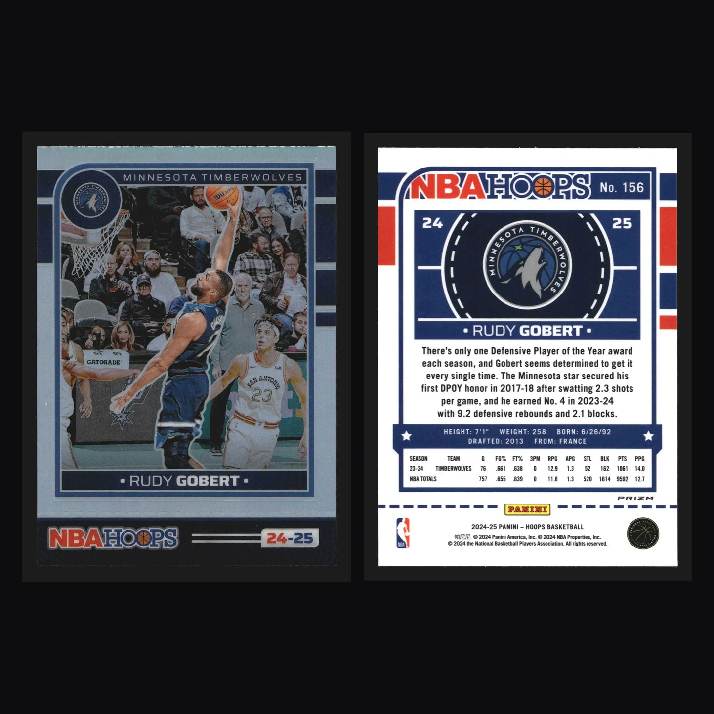 2024-25 Panini NBA Hoops Rudy Gobert #156 Premium Stock Timberwolves - Basketball Card Single