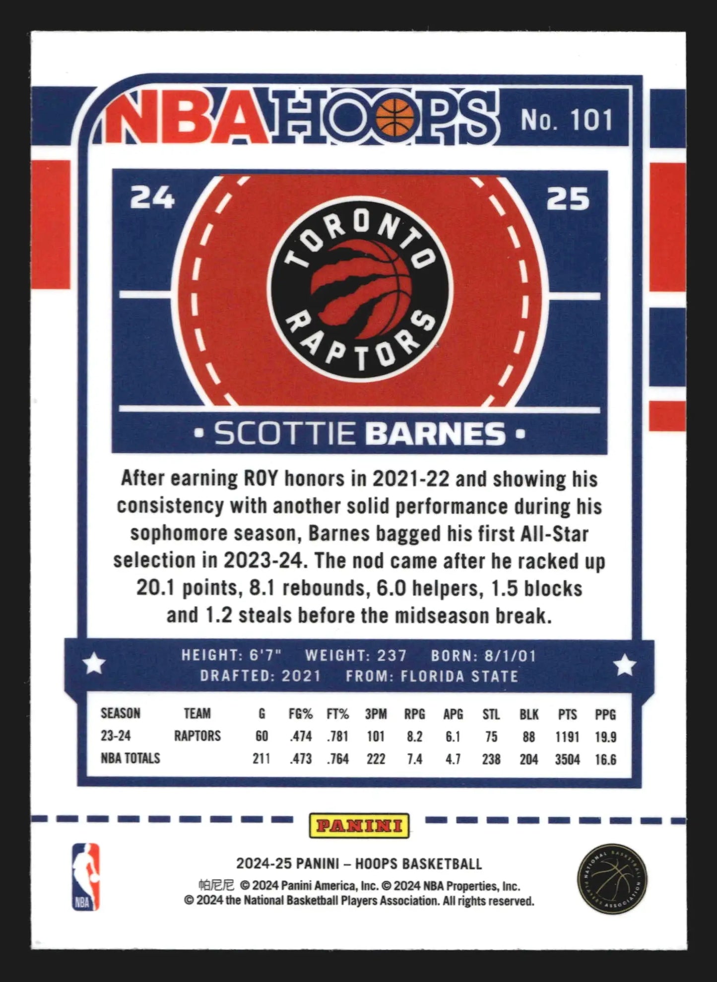 2024-25 Panini NBA Hoops Scottie Barnes #101 Premium Stock Toronto Raptors