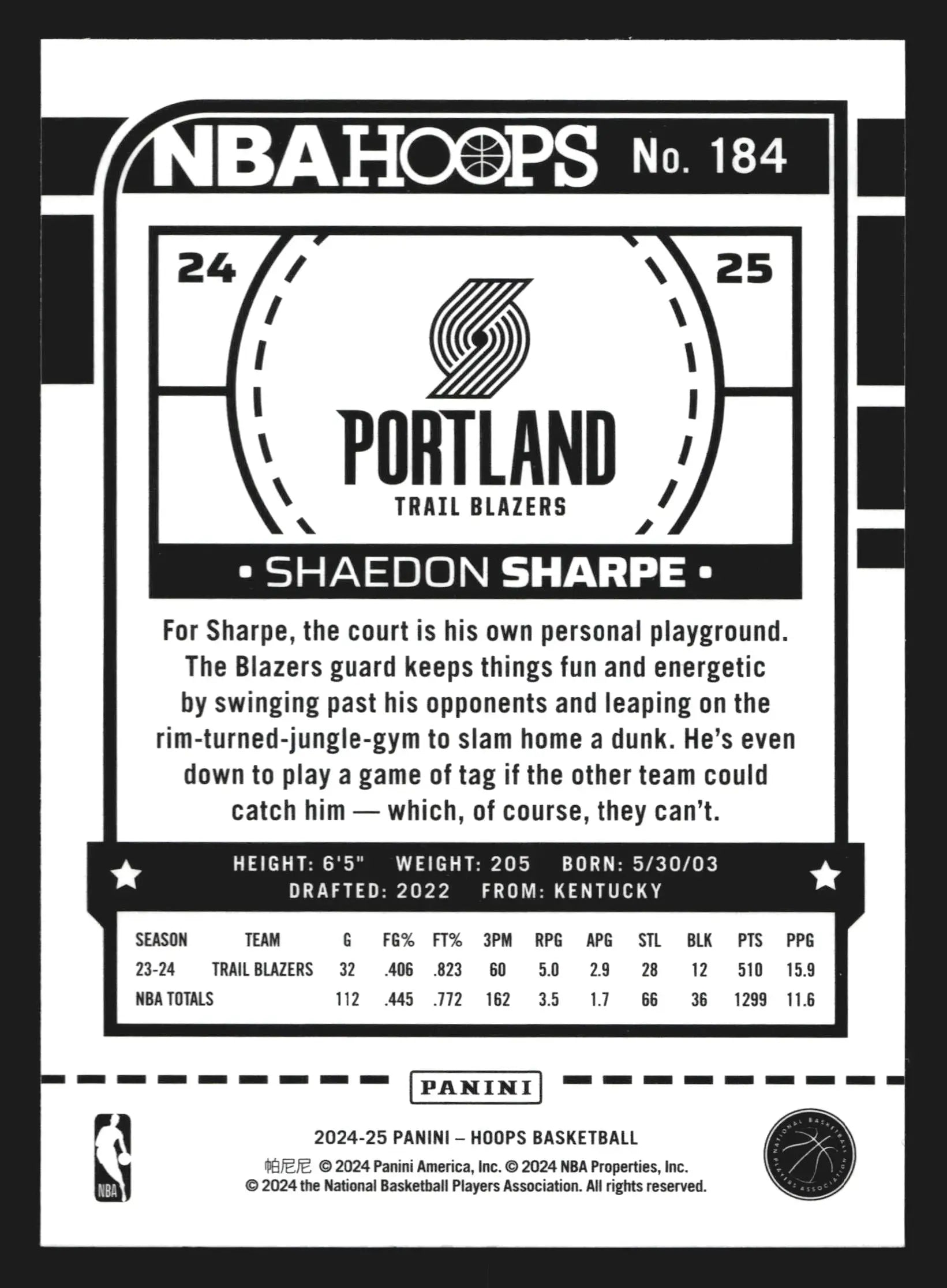 2024-25 Panini NBA Hoops Shaedon Sharpe #184 Texture Trail Blazers - Basketball Card Single
