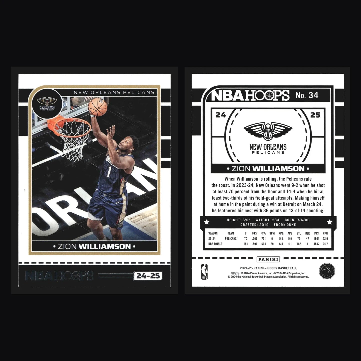2024-25 Panini NBA Hoops Zion Williamson #34 New Orleans Pelicans