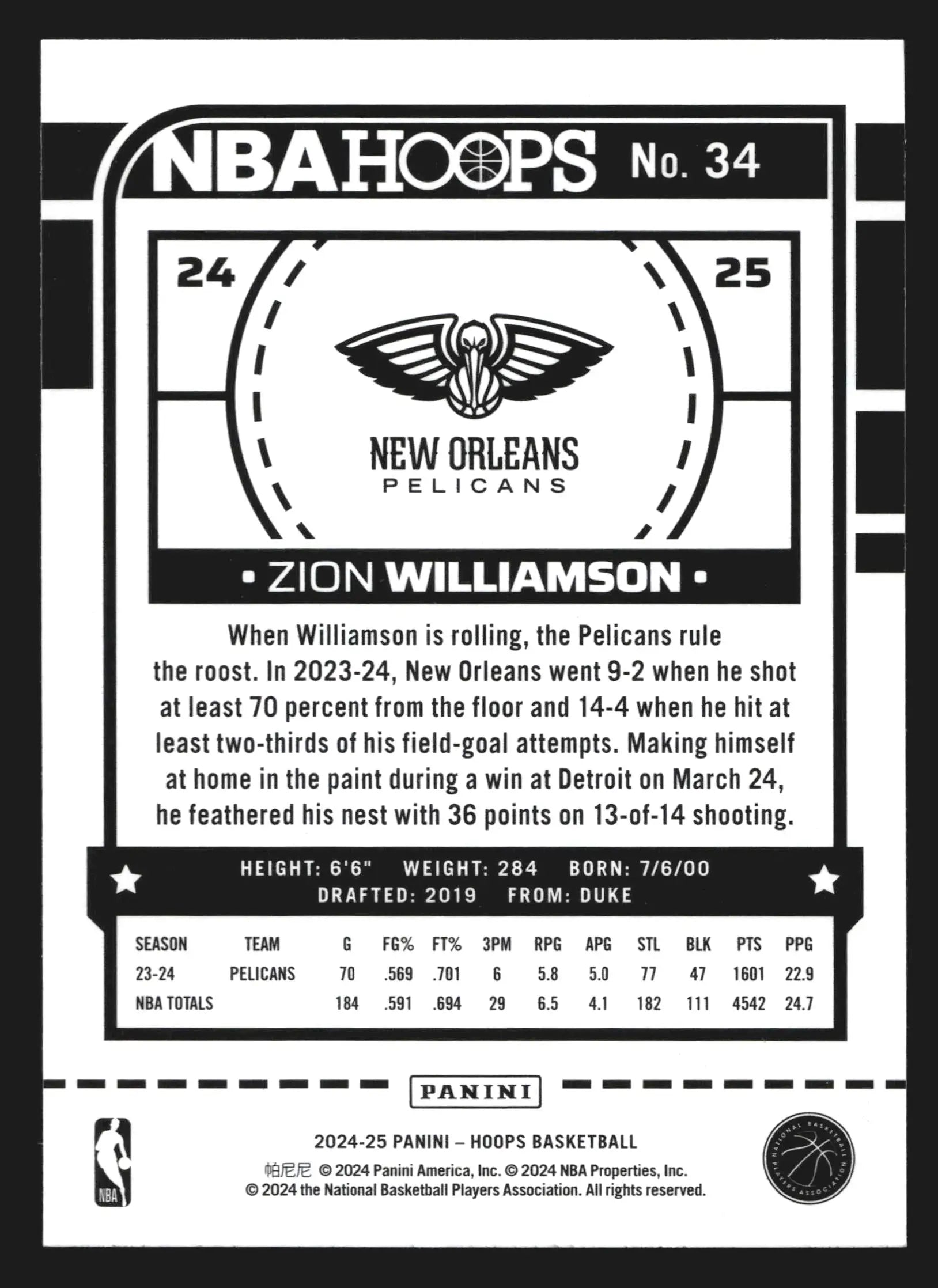 2024-25 Panini NBA Hoops Zion Williamson #34 New Orleans Pelicans