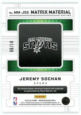 2024-25 Panini Obsidian Jeremy Sochan #MM-JSS Matrix Material Patch Auto 81/99 - Basketball Card Single