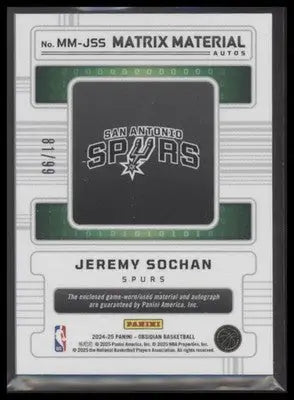2024-25 Panini Obsidian #MM-JSS Jeremy Sochan Matrix Material Autos #/99 - Basketball Card Single
