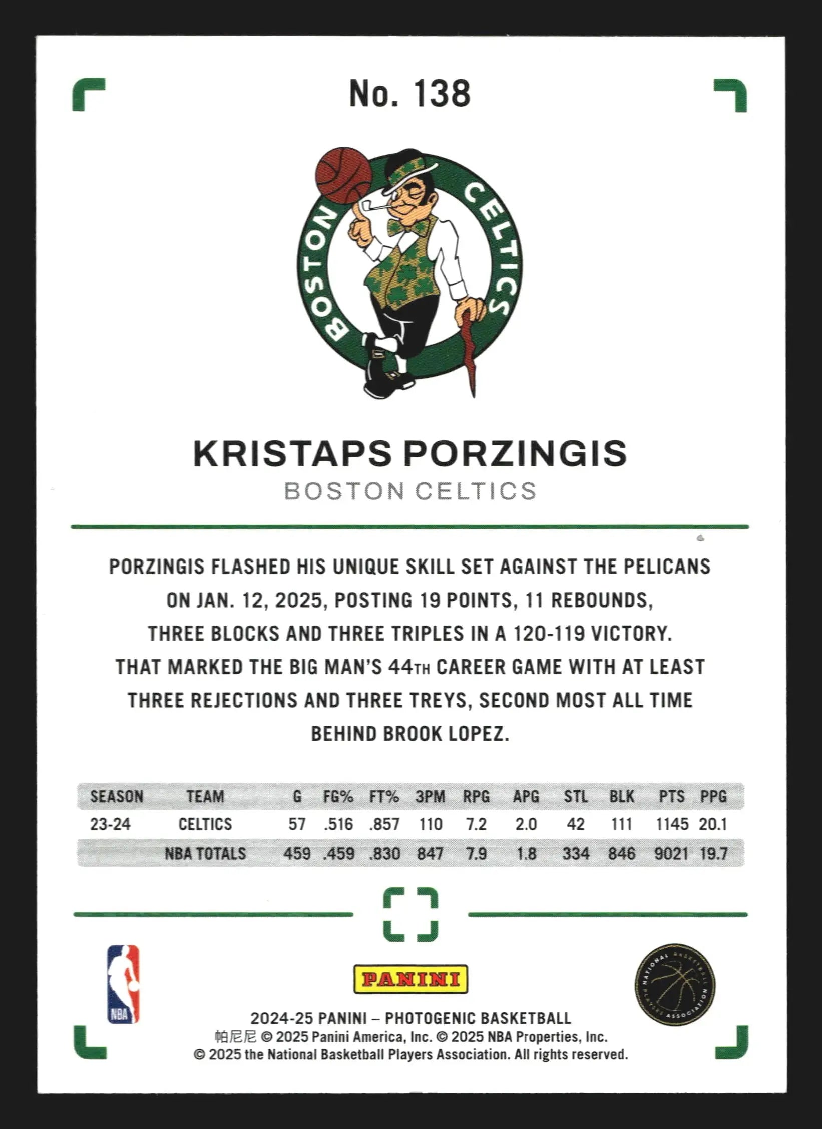 2024-25 Panini Photogenic #138 Kristaps Porzingis Celtics - Basketball Card Single