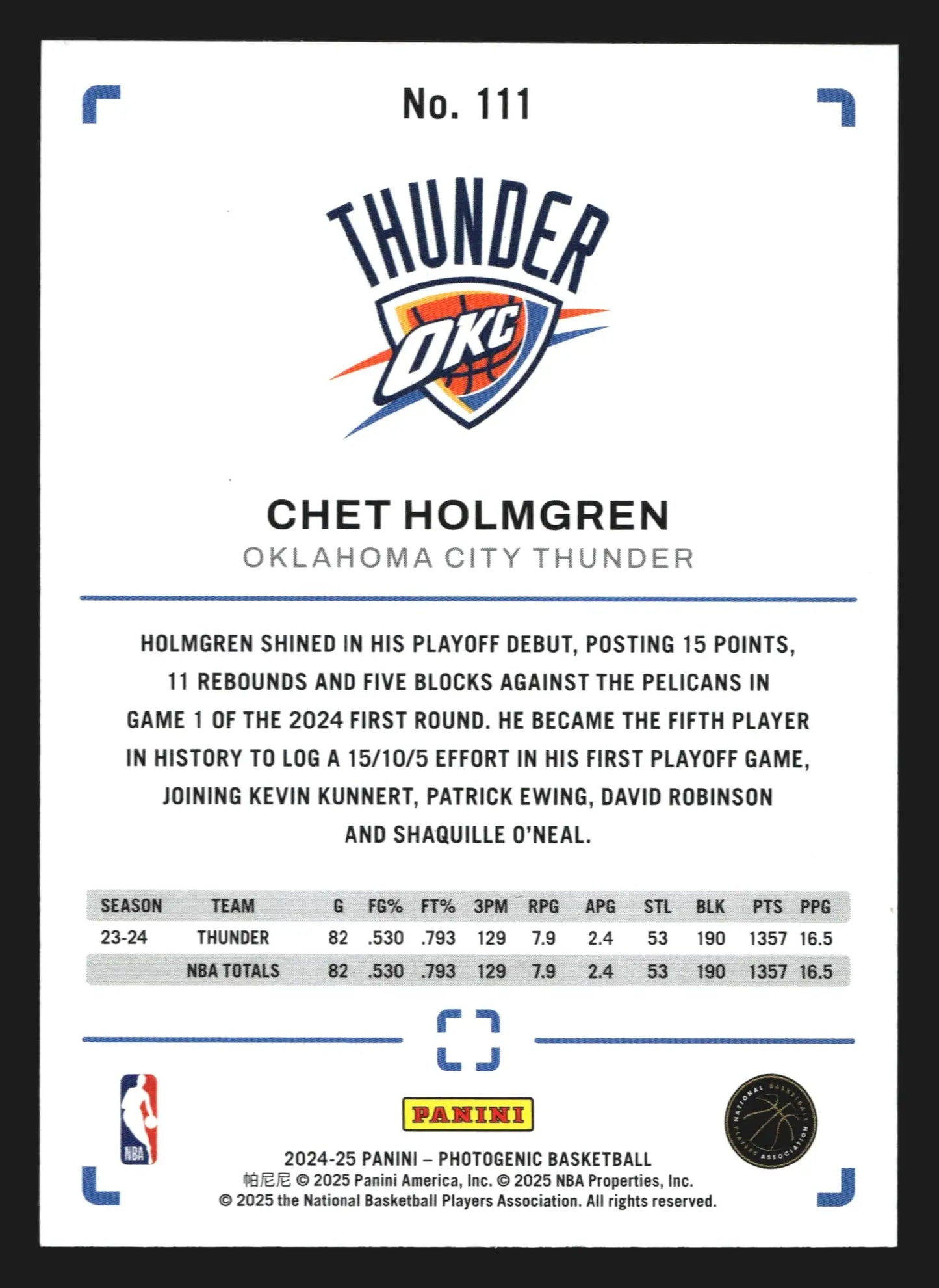 2024-25 Panini Photogenic Chet Holmgren #111 Oklahoma City Thunder - Basketball Card Single