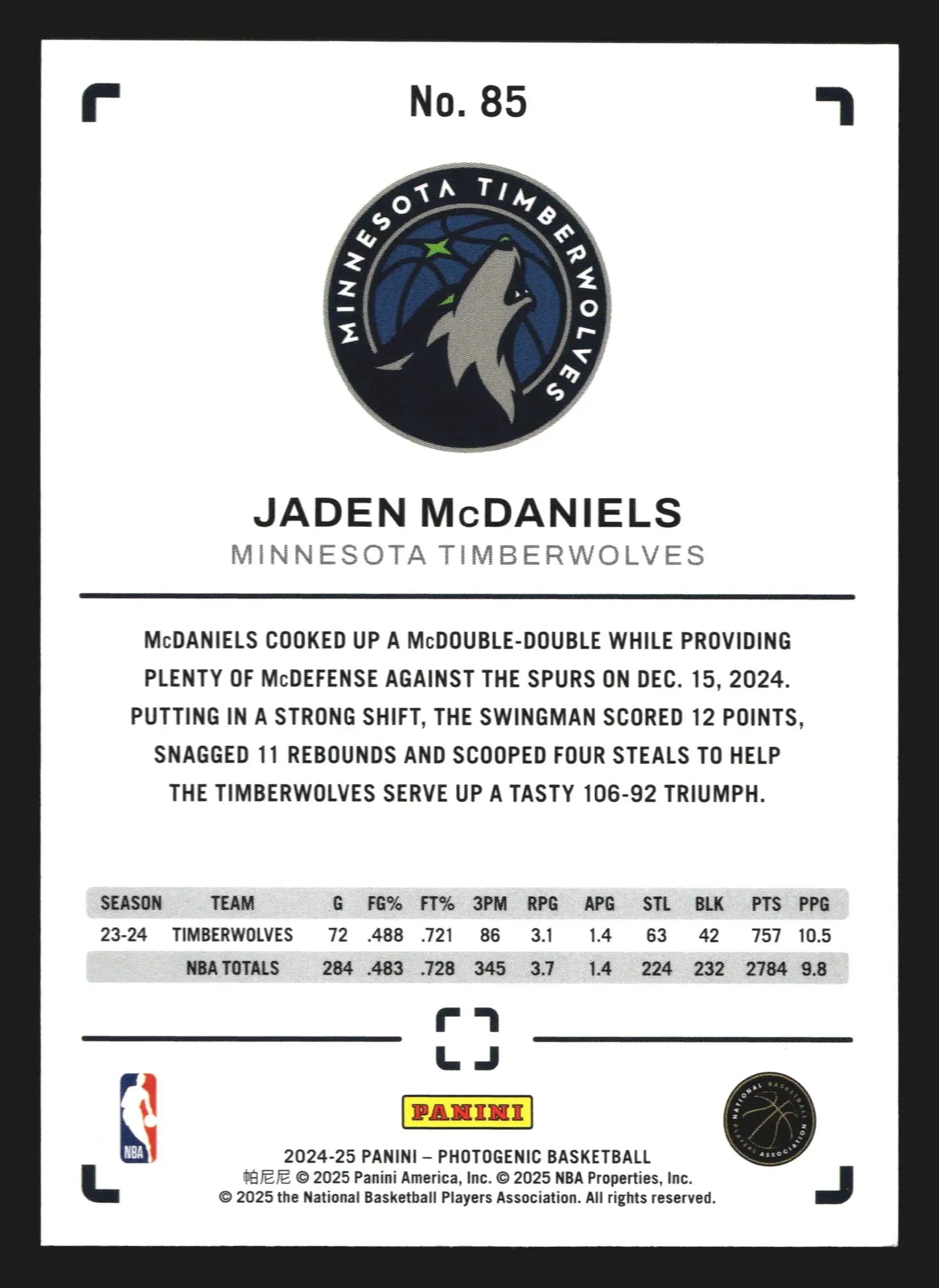 2024-25 Panini Photogenic Jaden McDaniels #85 Minnesota Timberwolves - Basketball Card Single