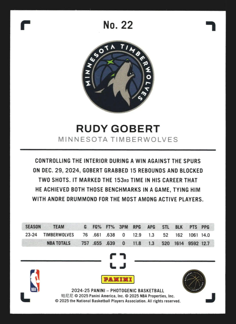 2024-25 Panini Photogenic Rudy Gobert #22 Minnesota Timberwolves - Basketball Card Single