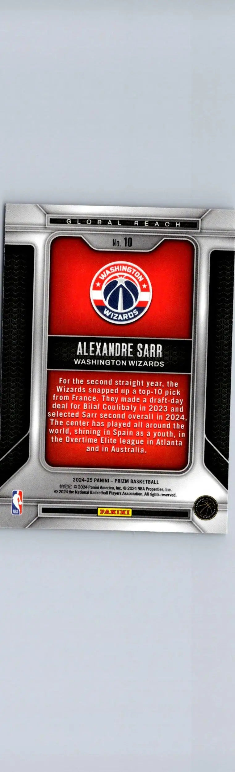 Basketball trading card featuring Alexandre Sarr for Washington Wizards from 2024-25 Panini Prizm Sarr Global Reach