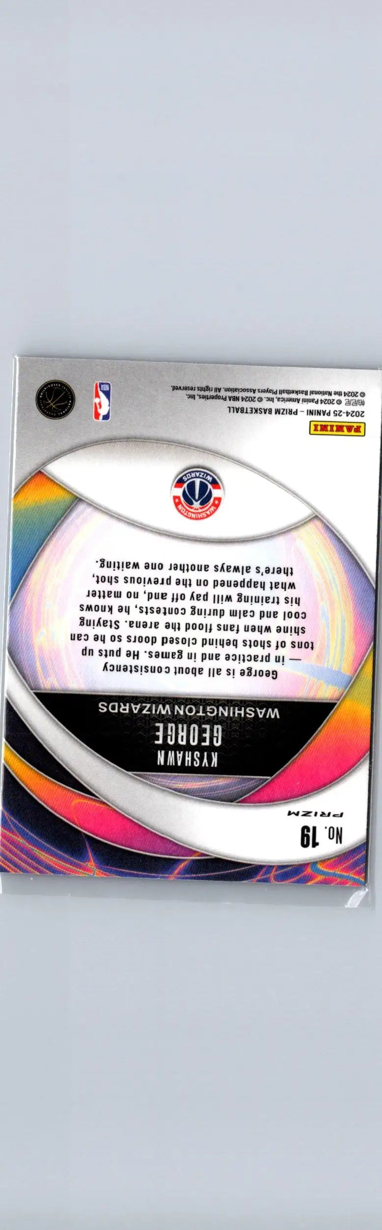 Back of a basketball trading card featuring Kyshawn George Instant Impact 2024-25 Panini Prizm