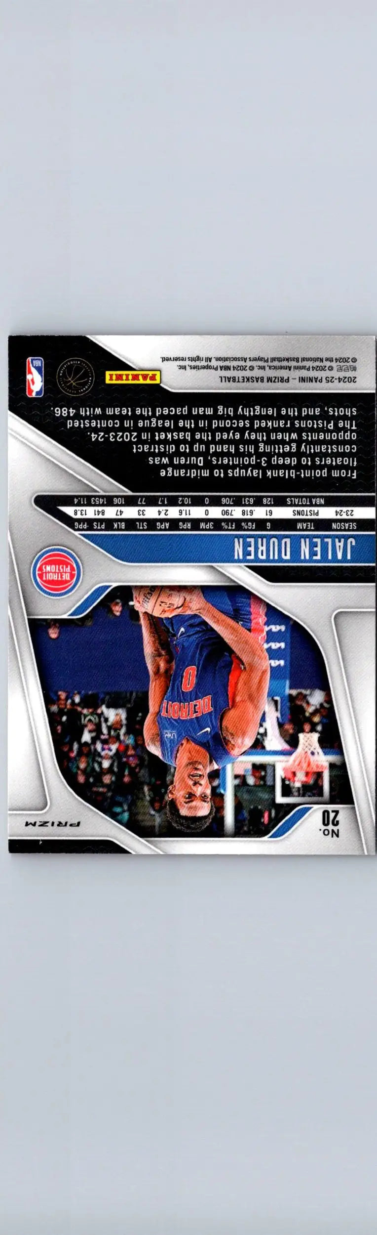 Jalen Duren basketball card from 2024-25 Panini Prizm Duren Prizms Pink Ice