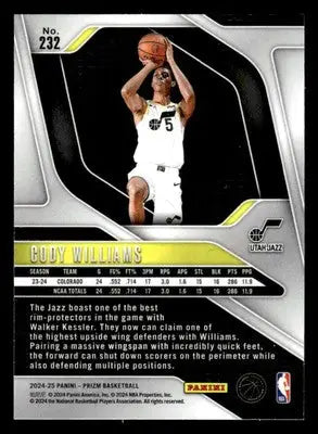 2024-25 Panini Prizm #232 Cody Williams Base RC Utah Jazz - Basketball Card Single
