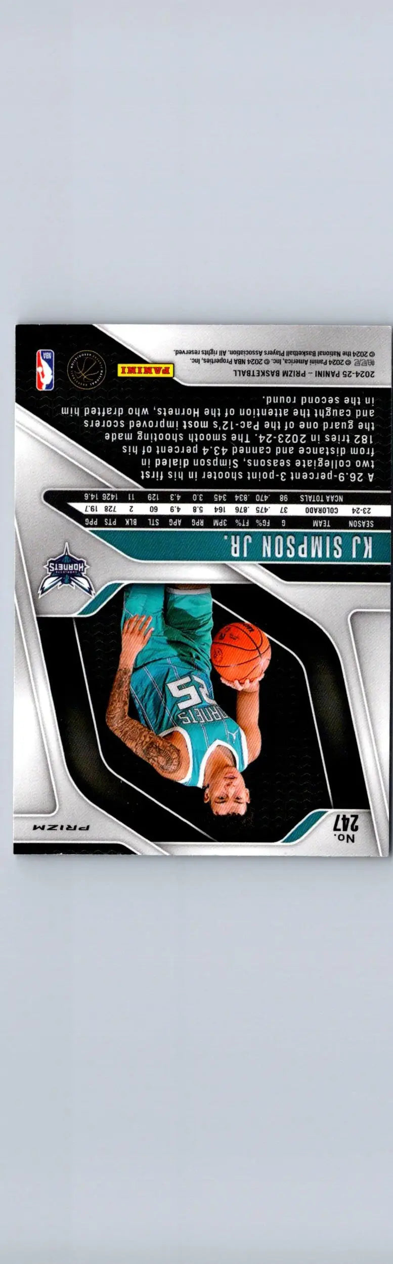 Back of a Panini Prizm basketball trading card featuring KJ Simpson Jr. in teal jersey