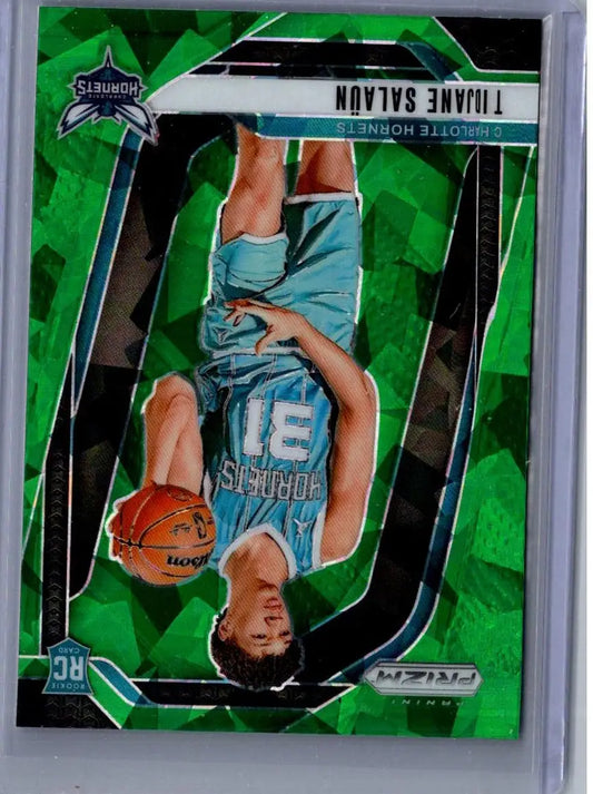Rookie trading card of Tidjane Salaun with green shattered glass pattern from Salaun Prizms Green