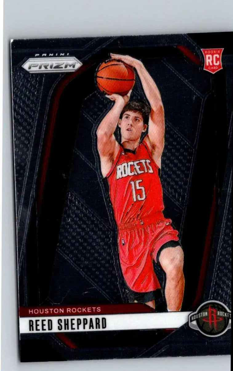 Reed Sheppard Panini Prizm basketball trading card in Houston Rockets uniform