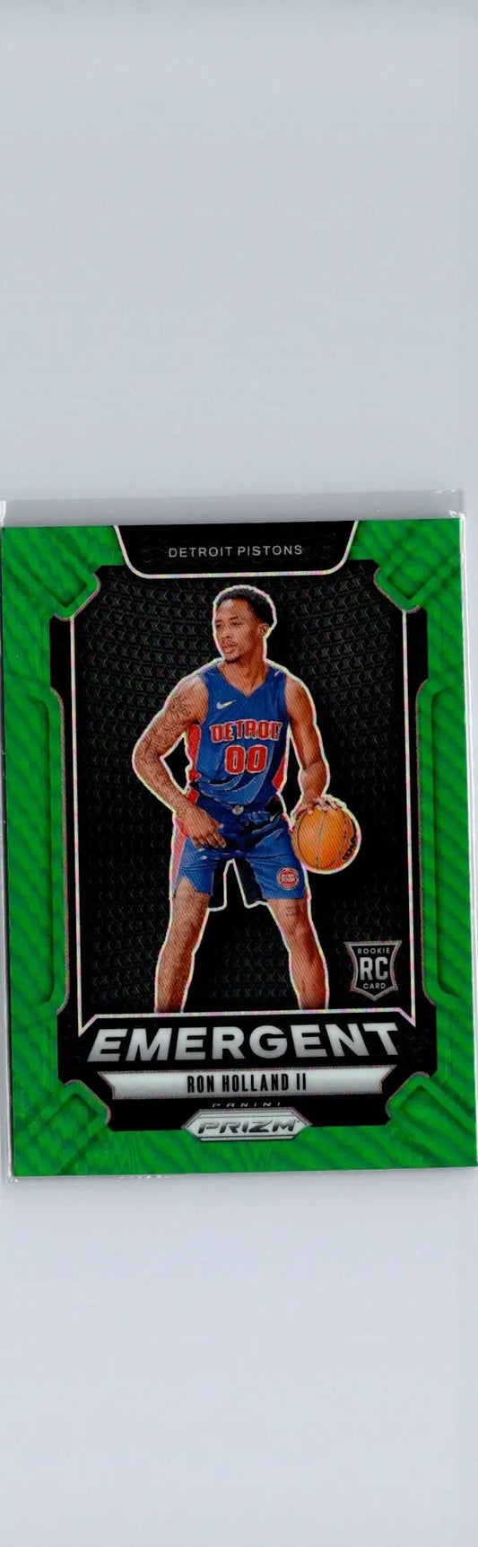 Green-bordered Ron Holland II Emergent Prizms Green trading card featuring Detroit Pistons player