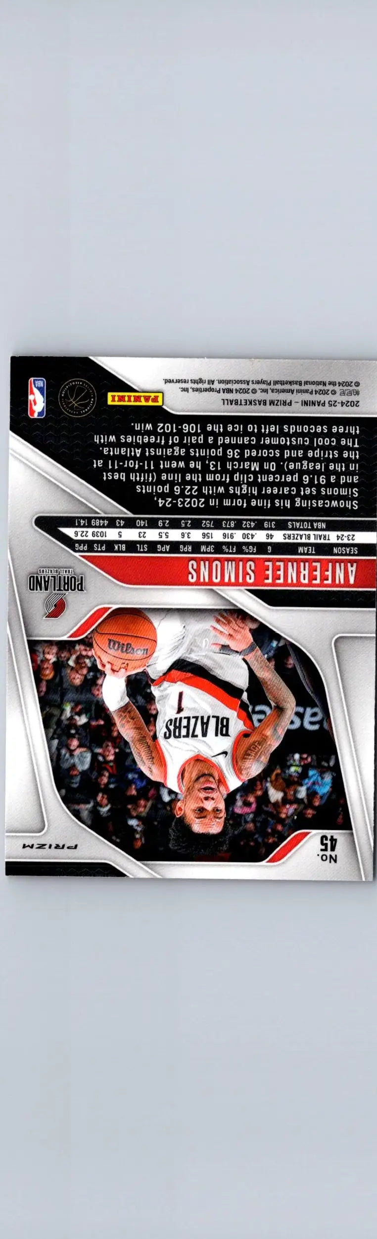 Anfernee Simons basketball card from 2024-25 Panini Prizm #45 Simons Prizms Pink Ice