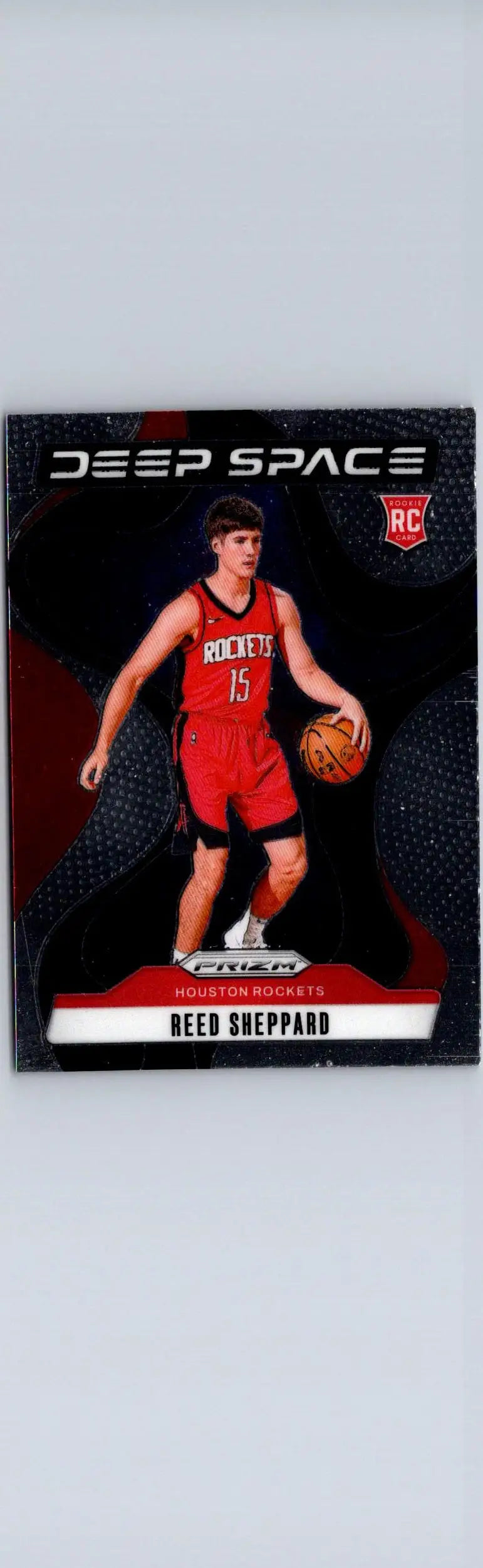 Basketball trading card of Reed Sheppard in Rockets uniform from 2024-25 Panini Prizm Sheppard Deep Space series