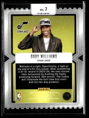 2024-25 Panini Prizm #7 Cody Williams Luck of the Lottery Fast Break Prizm Jazz - Basketball Card Single