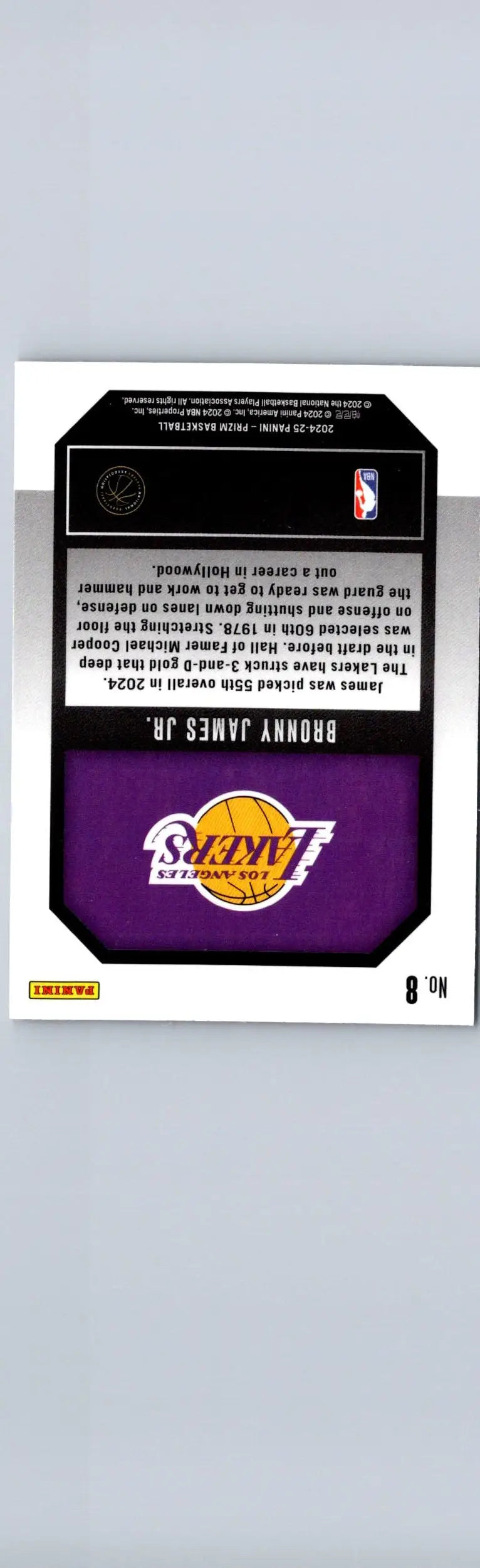 Back of Bronny James Jr. Los Angeles Lakers trading card from 2024-25 Panini Prizm