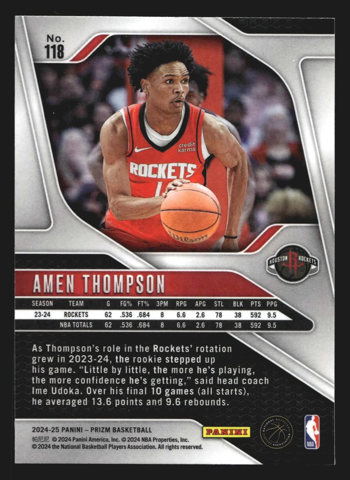 2024-25 Panini Prizm Amen Thompson #118 Houston Rockets - Basketball Card Single