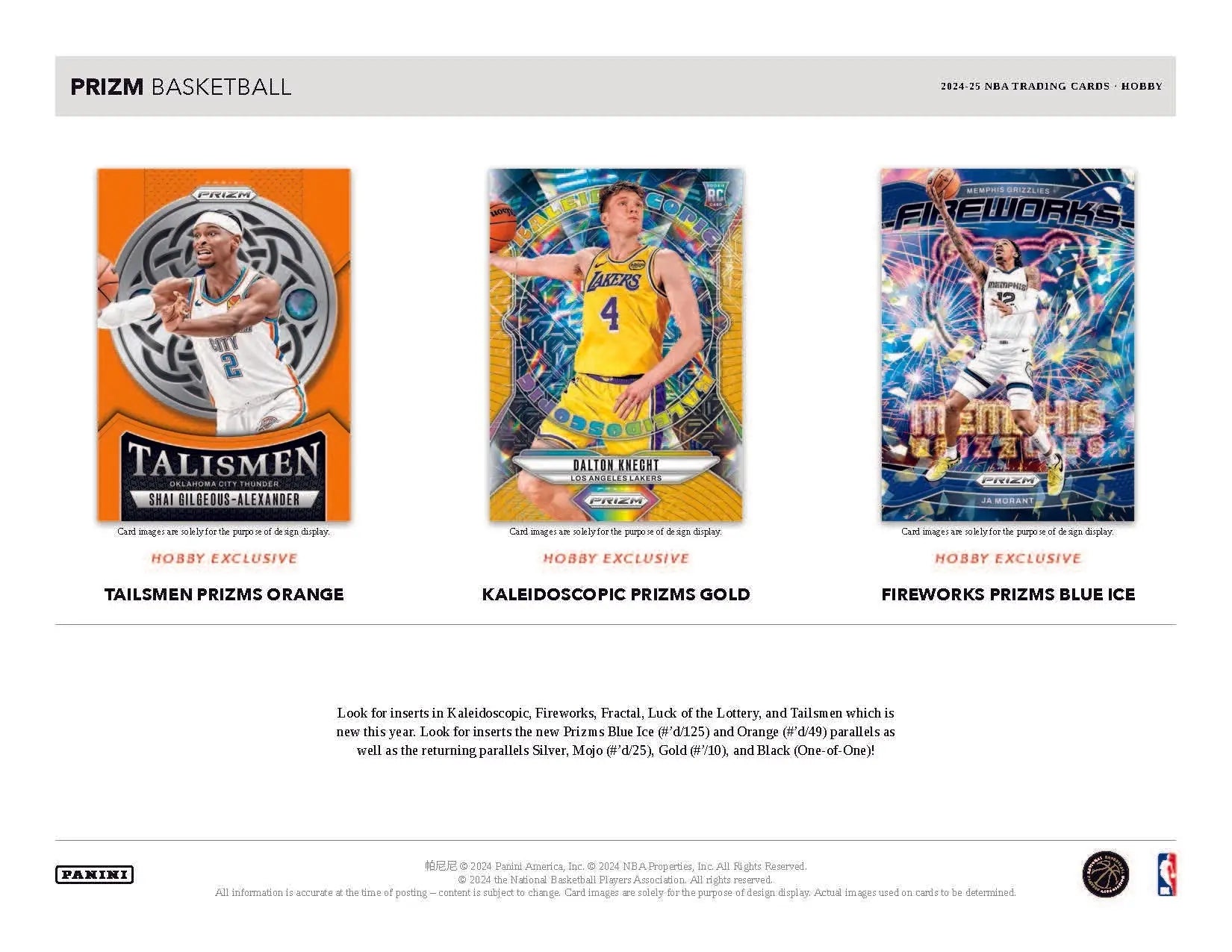 Basketball trading cards from 2024-25 Panini Prizm NBA Basketball Hobby Box featuring Prizm NBA basketball cards